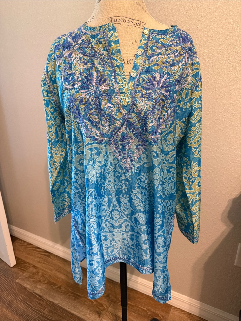 Embroidered Blue Paisley V-Neck Tunic